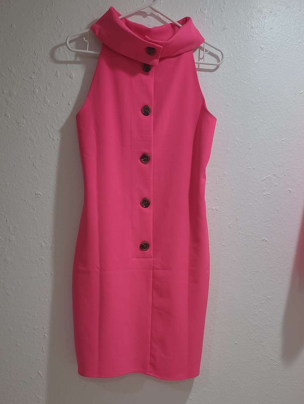 Sleeveless High Collar Hot Pink Button-Front Sheath Dress